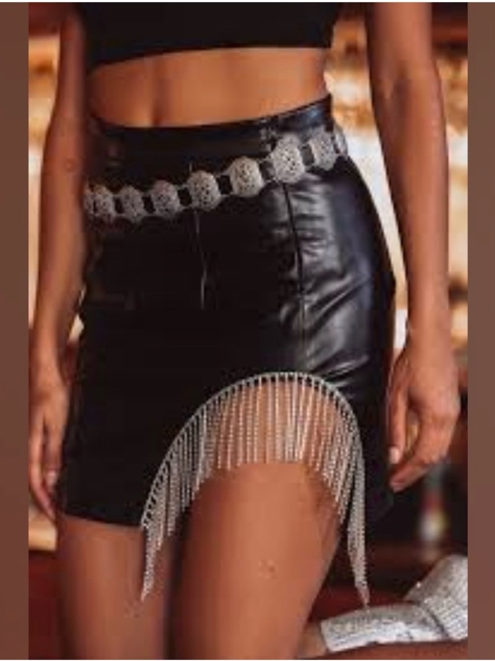 NWT 12th Tribe Black Rhinestone Fringe Faux Leather Mini Skirt Size Large